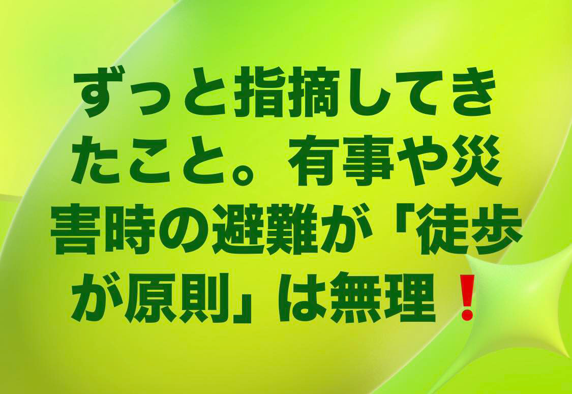 災害や有事の際の避難について、徒歩では無理です 8月1日